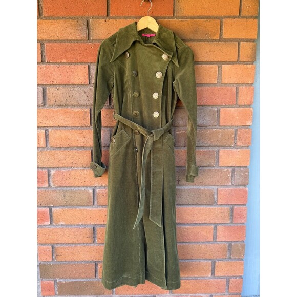 Betsy Johnson Corduroy Double Breasted Trench Coat VTG | Green |‎ Size XS - Picture 1 of 16